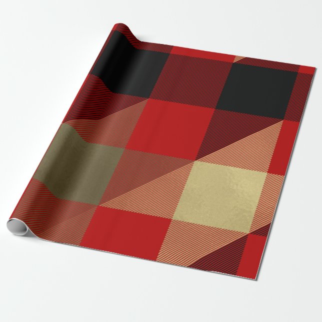 Papier Cadeau Rouge Noir Or Plaid Buffalo Rustique Fêtes (Déroulé)