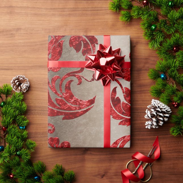 Papier Cadeau Rouge Or Faux Velvet Damask Élégant (Cadeau de vacances)