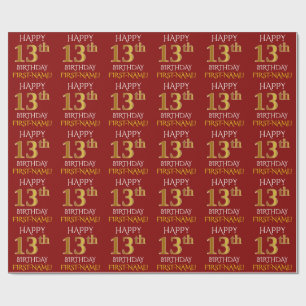 Papier Cadeau Rouge, or "JOYEUX 13ème ANNIVERSAIRE " de Faux