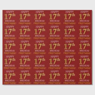Papier Cadeau Rouge, or "JOYEUX 17ème ANNIVERSAIRE " de Faux