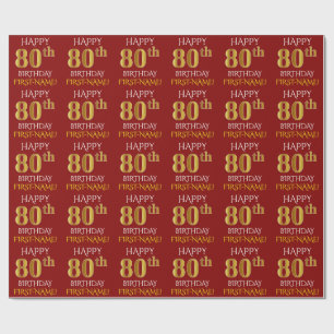 Papier Cadeau Rouge, or "JOYEUX quatre-vingtième ANNIVERSAIRE "