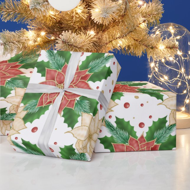 PAPIER CADEAU ROUGE & OR POINTSETTIA NOËL BLOOMS (Vacances)