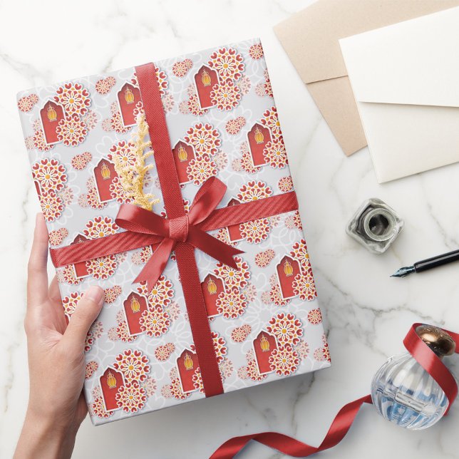 Papier Cadeau Rouge Orange Fleur Jaune Nuit Arabe Quinceañera (Créateur téléchargé)