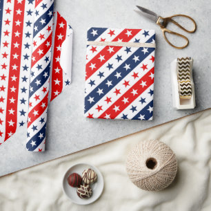 Papier Cadeau Rouge Patriotique, Blanc & Bleu USA Étoiles & Rayu