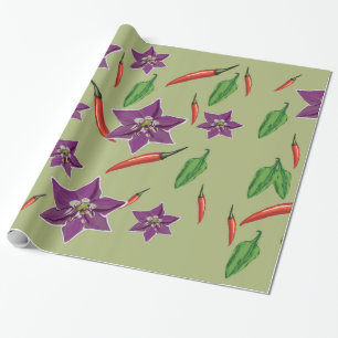 Papier Cadeau Rouge, Poivrons verts, Poivrons chili, Blossom vio