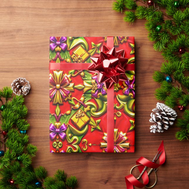 Papier Cadeau ~ Rouge, pourpre, vert et or ~ (Cadeau de vacances)