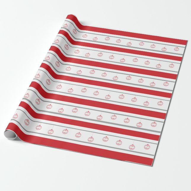 Papier Cadeau Rouge, rayures blanches avec ornements (Déroulé)
