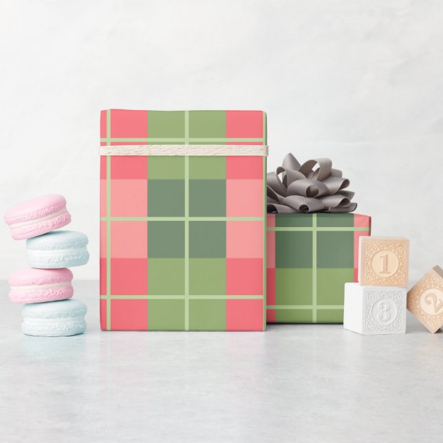 Papier Cadeau Rouge rose et Carrés verts Sage (Baby Shower)