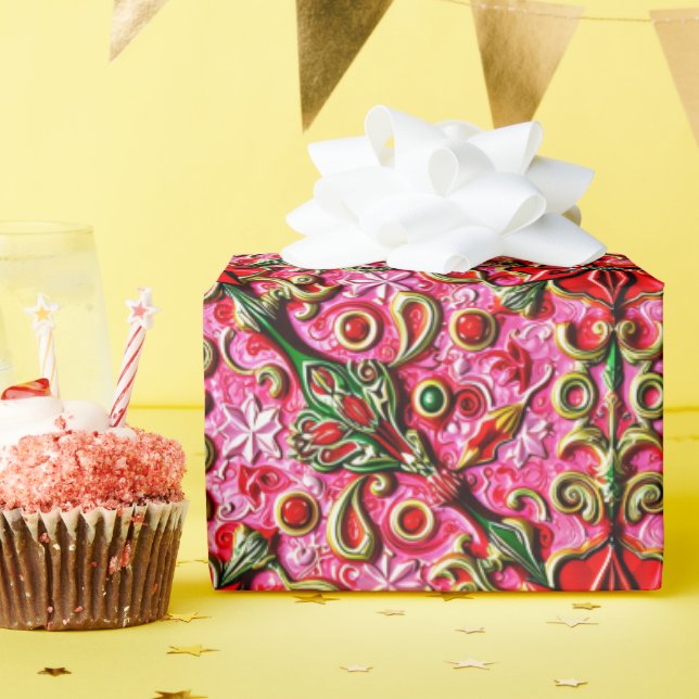 Papier Cadeau ~ Rouge, rose et or ~ (Fête d'anniversaire)