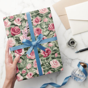 Papier Cadeau Rouge rose Vert Rose Floral Anniversaire