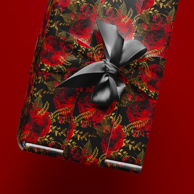 Papier Cadeau Rouge Roses Bund'huile Florale Parties scintillant (Red Roses Bunch Foil Floral Glitter Gold Black VIP Wrapping Paper)