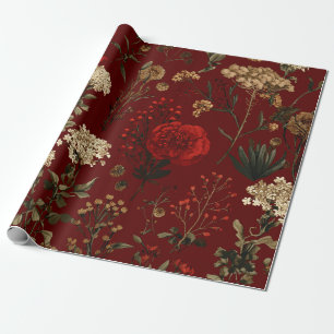 Papier Cadeau Rouge Rustique Botanique Audacieux Vintage Boho Fl