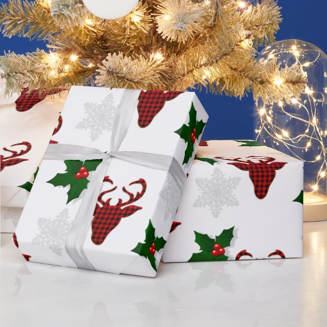Papier Cadeau Rouge Rustique Plaid de Buffalo Cerf Flocon de Nei (Vacances)