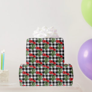 Papier Cadeau Rouge Shabby Chic, Pavots Floraux Noir et Blanc