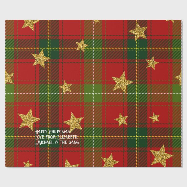 Papier Cadeau Rouge Tartan Gold Star Noël personnalisé (Plat)
