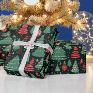 Papier Cadeau Rouge Vert Blanc Noël Arbres Noir Noël