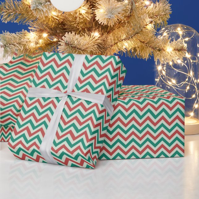 Papier Cadeau Rouge Vert Blanc Noël Moderne Zig Zag (Vacances)