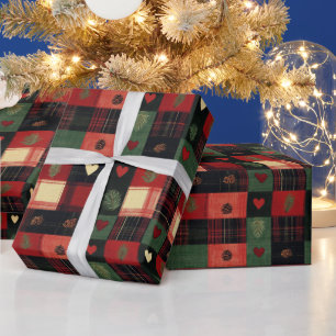 Papier Cadeau Rouge Vert Carreaux Cœurs Noël Fêtes