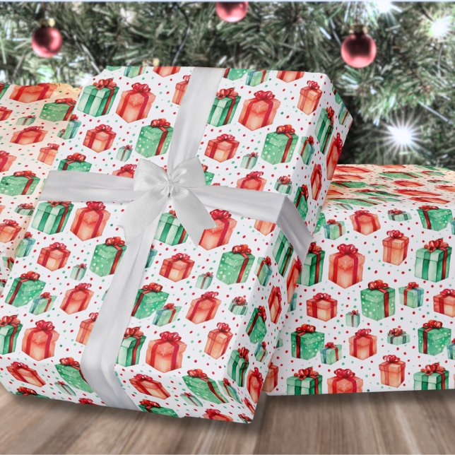 Papier Cadeau Rouge Vert Classique Noël de Fêtes (Classic Red Green Holiday Presents Christmas Wrapping Paper)