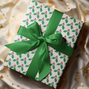 Papier Cadeau Rouge Vert Feuilles de Houx Baies Fêtes