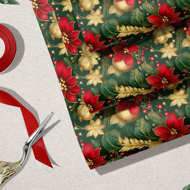 Papier Cadeau Rouge Vert Or Élégant Noël Orné | (Créateur téléchargé)