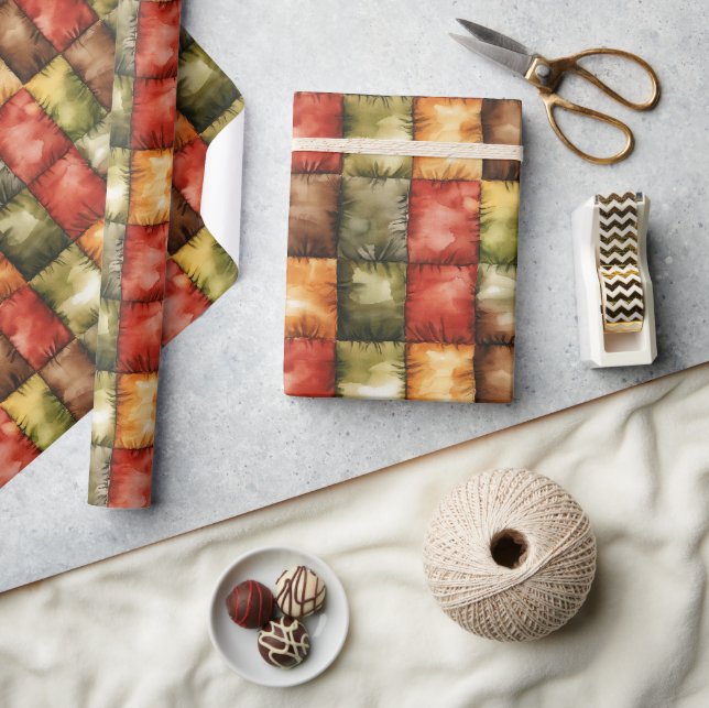 Papier Cadeau Rouge Vert Or Marron Carrés Anniversaire (Artisanat)