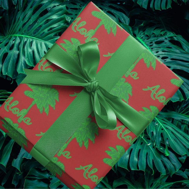 Papier Cadeau Rouge Vert Palmier Aloha Vacances Tropicales (Red and green tropical gift wrap)