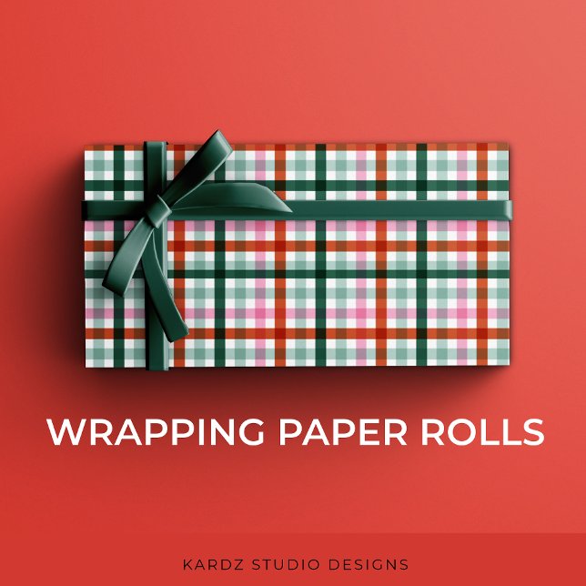 Papier Cadeau Rouge Vert Rose Noël Carreaux (Modern Gingham Christmas gift-wrapping roll, with pink, red, and green a trendy holiday pattern.)