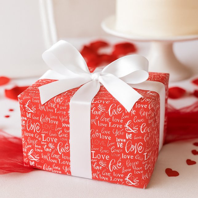 Papier Cadeau Rouge vibrant Amour Écriture blanche Saint-Valenti (Créateur téléchargé)