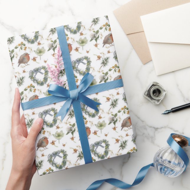 Papier Cadeau Rouges-gorges et Fleurs (Cadeaux)