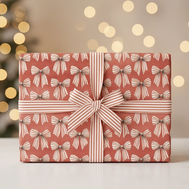 Papier Cadeau Rouges Rubans Rayés Noël (Red white stripes bows Christmas wrapping paper roll)