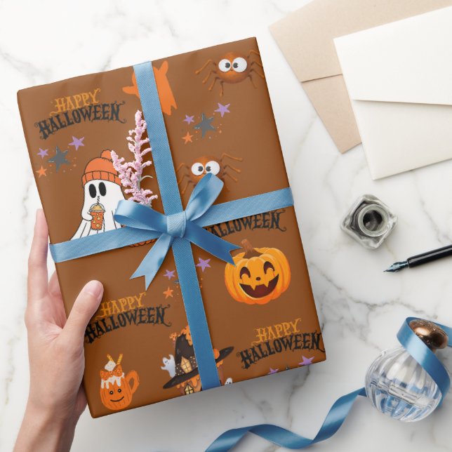Papier Cadeau rouille brun Halloween joyeux mignon Citrouille fa (Cadeaux)