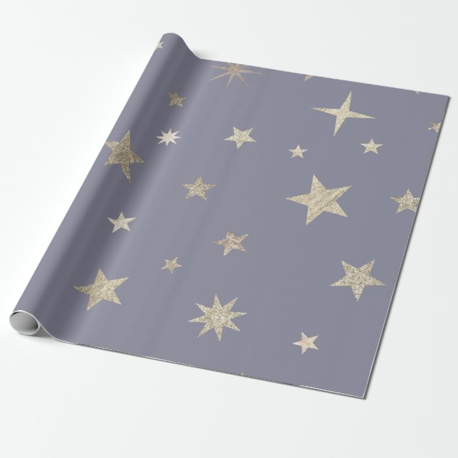 Papier Cadeau Rouleau étoile grise dorée festive moderne  (Déroulé)