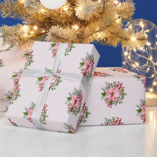 Papier Cadeau Rouleau, motif de poinsettia rose et vert aquarell