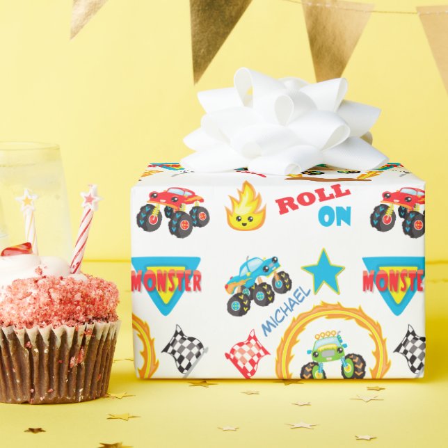 Papier Cadeau Rouler Sur Un Camion Monster Anniversaire Personna (Fête d'anniversaire)