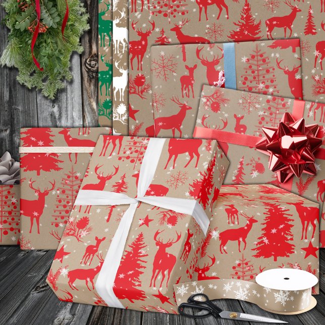 Papier Cadeau Rousseau roux Kraft (Rustic Kraft Red Woodland Forest Reindeer Wrapping Paper in 6 & 15 foot long 30 inch rolls)