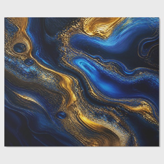 Papier Cadeau Royal Blue & Gold Fluid Art (Plat)