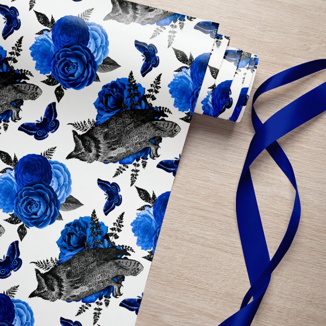 PAPIER CADEAU ROYAL BLUE NIGHT OISEAUX GOTHIQUES NOËL (BLACK NIGHT OWL ROYAL BLUE ROSES AND FLOWERS AND BUTTERFLIES GOTHIC STYLE)