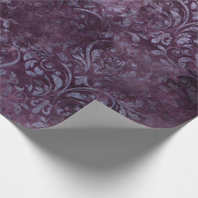 Papier Cadeau Royal Damask Grunge Purple Plum Floral Gris Bleu (Coin)