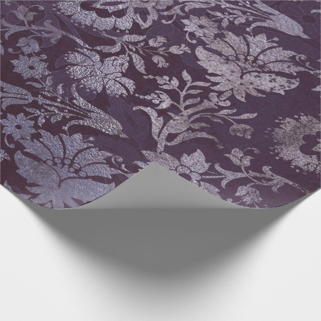 Papier Cadeau Royal Damask Grunge Purple Plum Floral Gris Bleu (Coin)