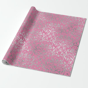 Papier Cadeau Royal Damask Pink Silver Floral brillant Vip
