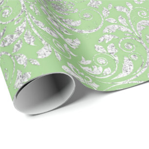 Papier Cadeau Royal Mariage Damask Mint Green Silver Vip