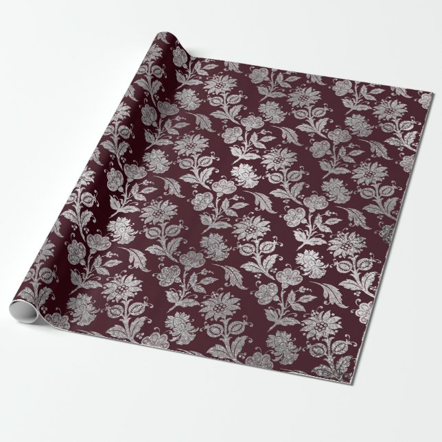 Papier Cadeau Royal Maroon Bourgogne Floral Roses d'argent brill (Déroulé)
