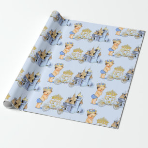Papier Cadeau Royal Prince Castle Carriage Blue Gold Boy