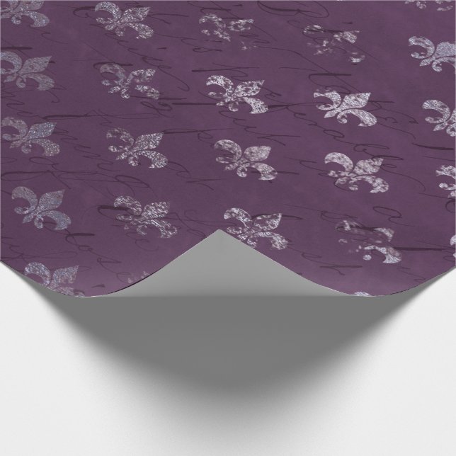 Papier Cadeau Royal Princess Violet Script violet Fleur de lis (Coin)