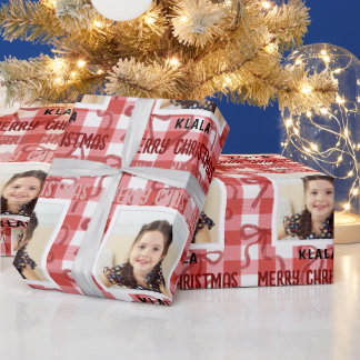 Papier Cadeau Ruban à carreaux de Noël avec photo et nom personn