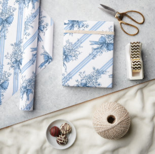 Papier Cadeau Ruban Bleu et Papillon Toile Coquette Motif 