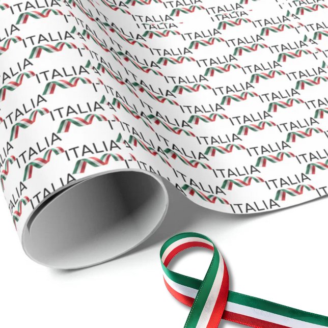 Papier Cadeau Ruban bouclé Italia  (Italia Black San Serif with Flag of Italy Curly Ribbon Repeat Wrapping paper)