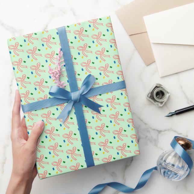 Papier Cadeau Ruban Bow Doodle NOËL Fêtes Rose Vert (Cadeaux)