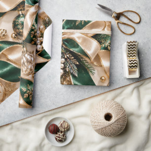 Papier Cadeau Rubans de Noël en émeraude et or de luxe